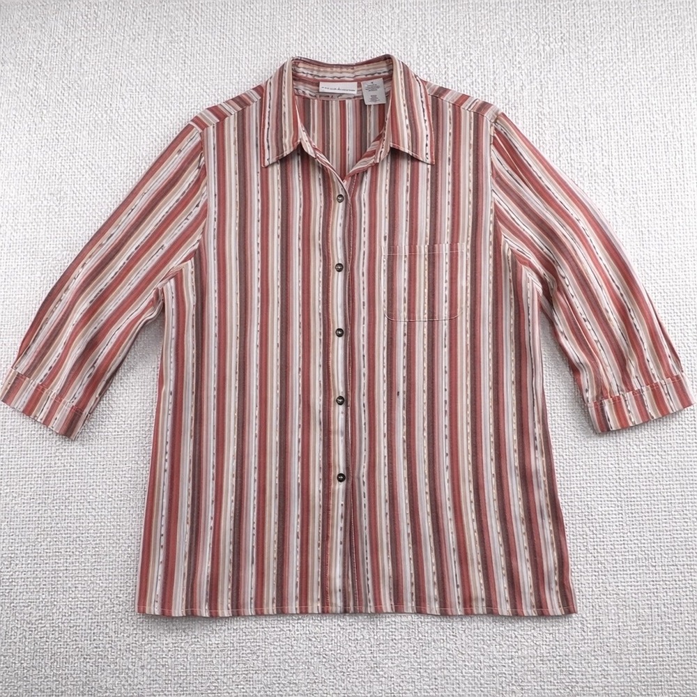 Alfred Dunner‎ Womens Striped Button Up Shirt 3/4 Sleeve Sparkle Accent Size 16